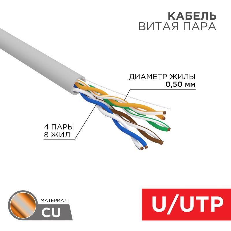 Кабель витая пара U/UTP кат.5E 4х2х24AWG LSZH нг(А)-HF INDOOR SOLID сер. РФ (305м) Rexant 01-0069-R