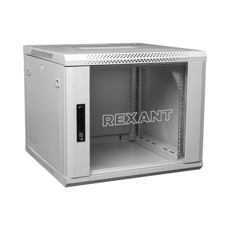 Шкаф телекоммуникационный настенный 19дюйм 9U 600х450х501 дверь стекло стенка задняя боковые съемные стенки разборный сер. RAL7035 Rexant 04-0964-111