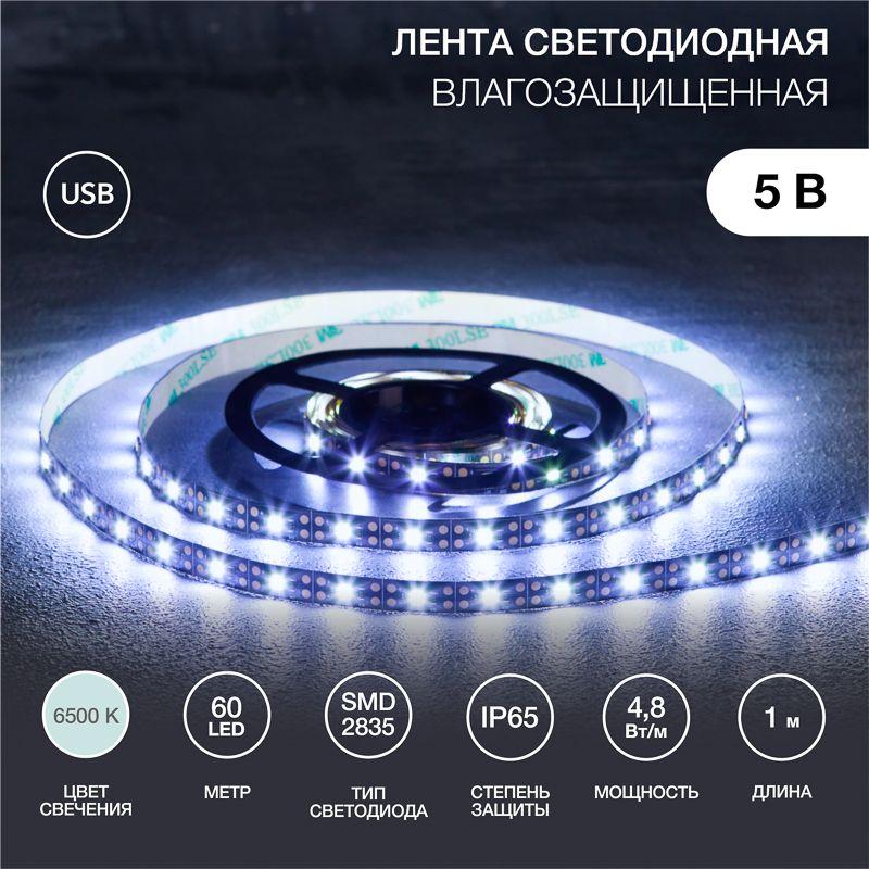 Лента светодиодная 5В, SMD2835, 4,8Вт/м, 60 LED/м, 6500K, 8мм, 1м, с USB коннектором, черная, IP65 LAMPER (141-385)