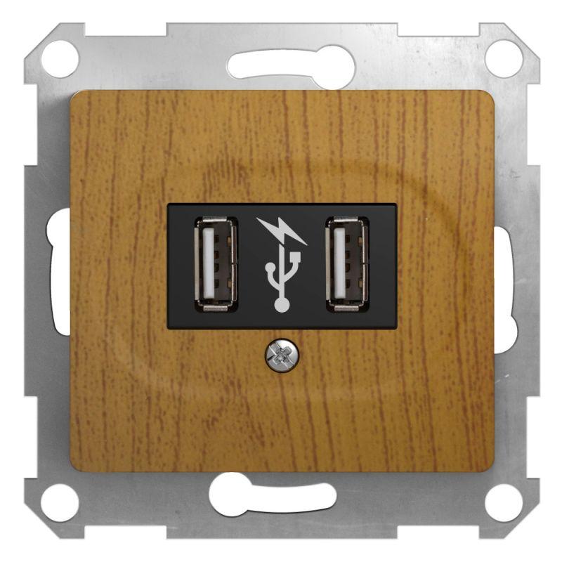 Розетка USB 2-м СП Glossa 5В/1400мА 2х5В/700 мА механизм дерево дуб SchE GSL000532