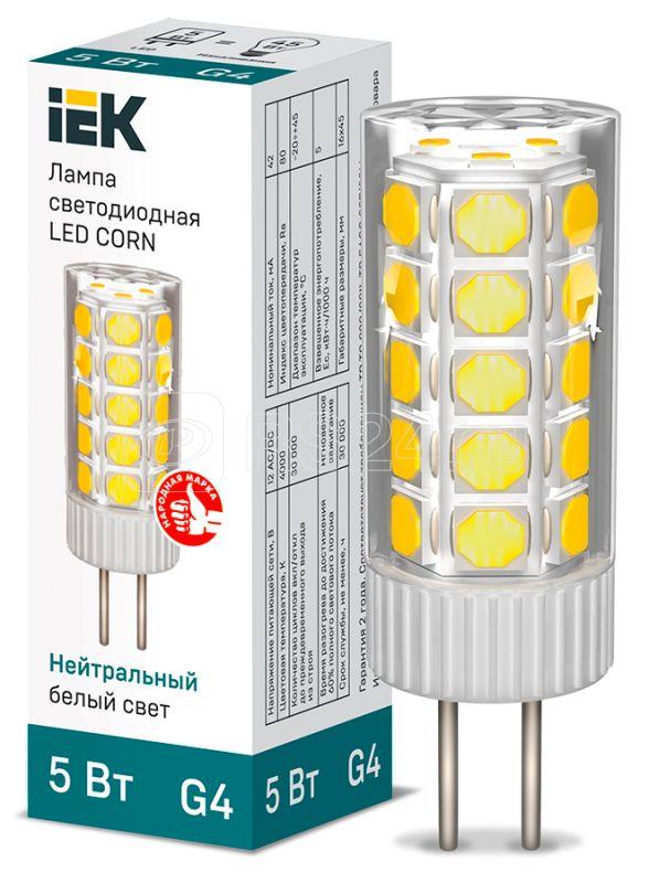 Лампа светодиодная Corn 5Вт капсульная 4000К нейтр. бел. G4 12В керамика IEK LLE-Corn-5-012-40-G4 купить в интернет-магазине RS24