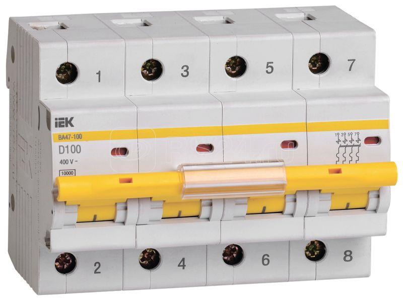 Выключатель автоматический модульный 4п D 100А 10кА ВА47-100 IEK MVA40-4-100-D купить в интернет-магазине RS24