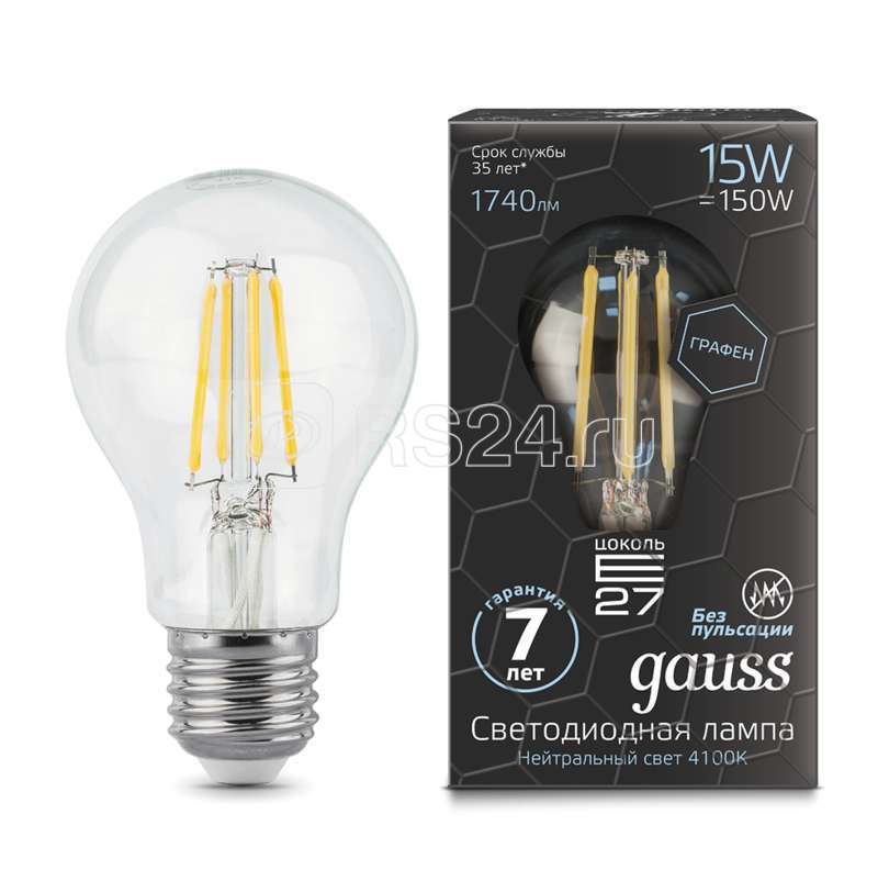 Лампа светодиодная филаментная Black Filament Graphene 15Вт A60 2700К E27 Gauss 102802215 купить в интернет-магазине RS24