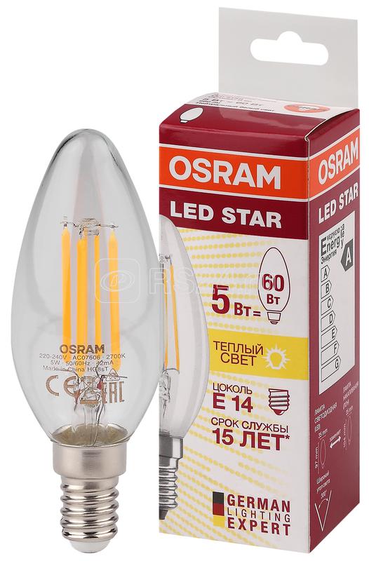 Лампа светодиодная филаментная LED STAR CLASSIC B 60 5W/827 5Вт свеча 2700К тепл. бел. E14 660лм 220-240В прозр. стекло OSRAM 4058075116672 купить в интернет-магазине RS24