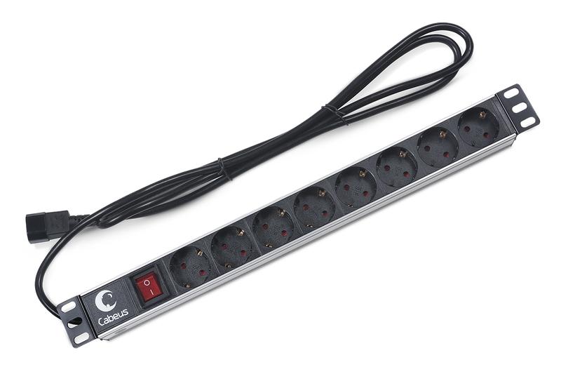 Блок евророзеток C14 PDU-8P-2IEC для 19дюйм шкафов горизонт. 8 розеток 10А выкл. Алюмин. корпус шнур 2м вилка IEC 320 Cabeus 7070c