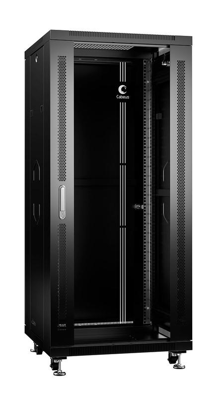 Шкаф монтажный телекоммуникационный напольный SH-05C-27U60/80-BK 19дюйм 27U 600х800х1388мм для распределит. и серверн. оборудования перед. стекл. и задняя сплошная метал. двери ручка с замком (RAL 9004) черн. Cabeus 8573c