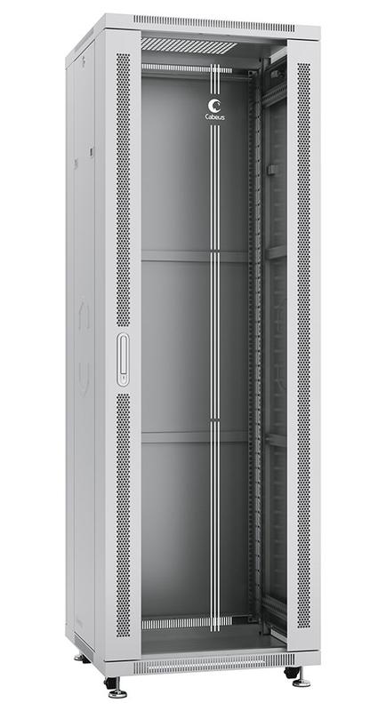 Шкаф монтажный телекоммуникационный напольный SH-05C-37U60/80 19дюйм 37U 600х800х1833мм для распределит. и серверн. оборудования передн. стеклян. и задн. сплошн. метал. двери ручка с замком сер. Cabeus 7641c
