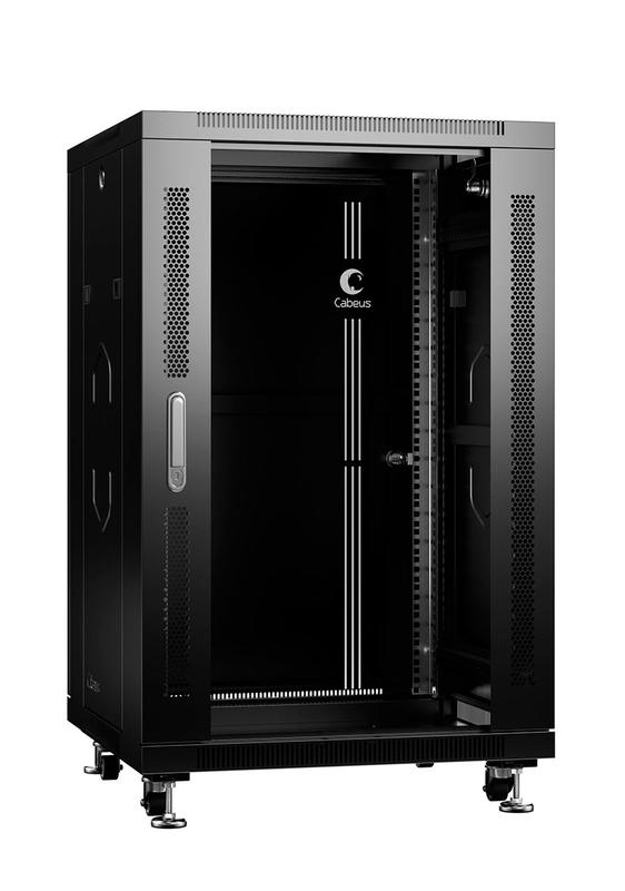 Шкаф монтажный телекоммуникационный напольный SH-05C-18U60/80-BK 19дюйм для распред. и серверн. оборудования 18U 600х800х988мм передн. стеклян. и задн. сплошн. метал. двери ручка с замком черн. (RAL 9004) Cabeus 8571c