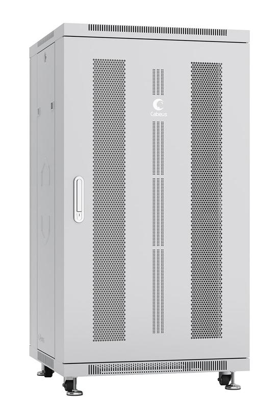 Шкаф монтажный телекоммуникационный напольн. ND-05C-22U60/80 19дюйм 22U 600х800х1166мм для распределит. и серверн. оборудования; передн. и задн. перфорир. двери ручка с замком RAL 7035 сер. Cabeus 7223c