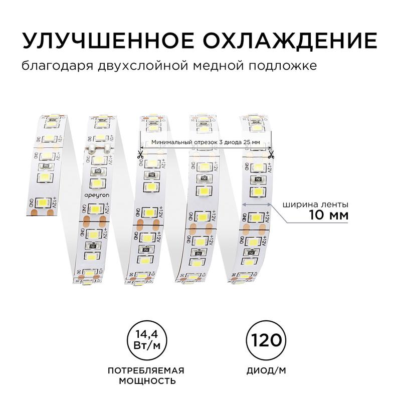 Лента светодиодная 12В СТ 14.4Вт/м smd2835 120диод/м IP20 1400лм/м дневной бел. 4000К (уп.5м) Apeyron 00-53
