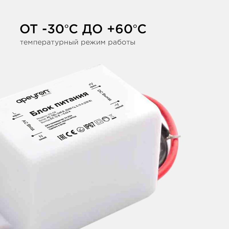 Блок питания 12В 5Вт IP67 0.42А 55х26.5х23мм пластик Apeyron 03-08