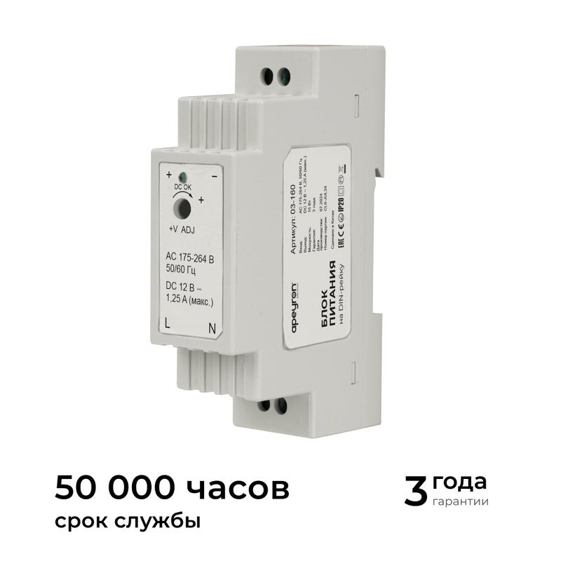 Блок питания на DIN рейку 12В 15Вт 175-264В 1.25А IP20 25х93х56мм Apeyron 03-160