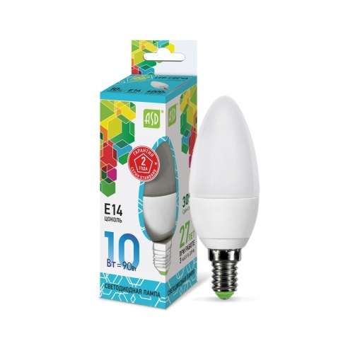 Лампа светодиодная LED-Свеча-standard 10Вт свеча матовая 4000К нейтр. бел. E14 900лм 210-240В ASD 4690612015576