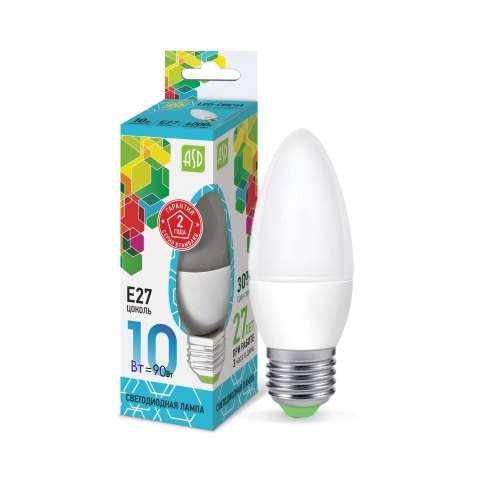 Лампа светодиодная LED-Свеча-standard 10Вт свеча матовая 4000К нейтр. бел. E27 900лм 210-240В ASD 4690612015545