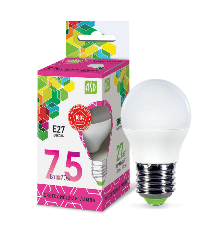 Лампа светодиодная LED-ШАР-standard 7.5Вт шар опаловая 6500К холод. бел. E27 675лм 180-260В ASD 4690612019154