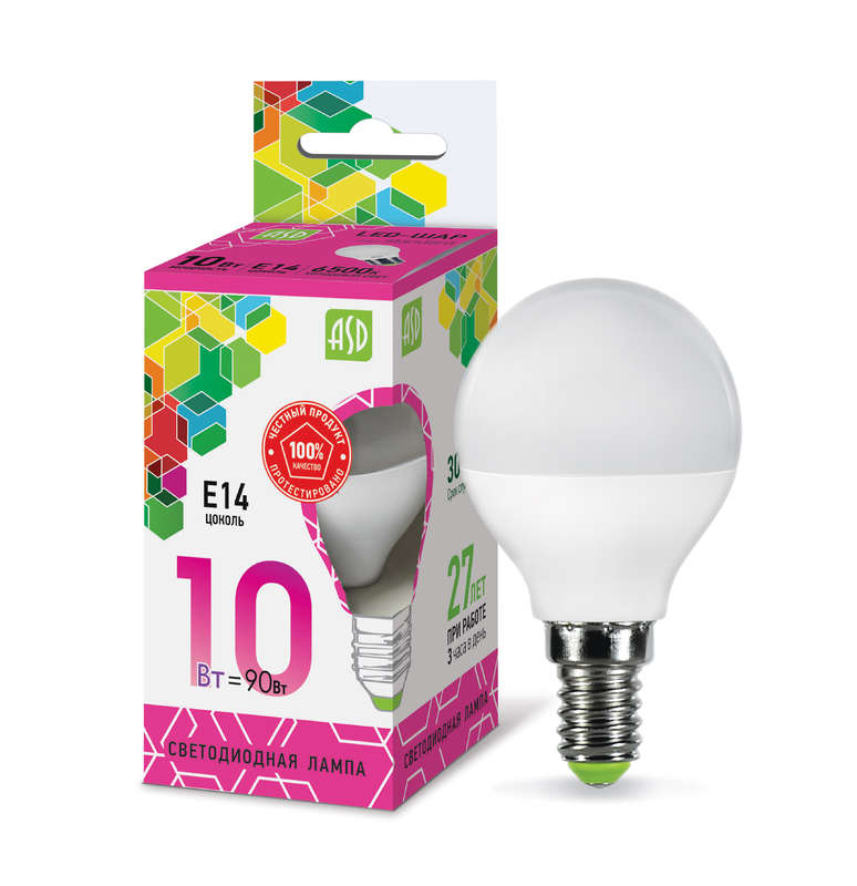 Лампа светодиодная LED-ШАР-standard 10Вт шар опаловая 6500К холод. бел. E14 900лм 180-260В ASD 4690612015460
