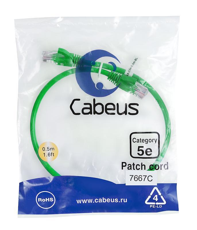 Патч-корд U/UTP кат.5E PC-UTP-RJ45-Cat.5e-0.5m-GN-LSZH 2xRJ45/8p8c неэкранир. LSZH 0.5м зел. Cabeus 9504c