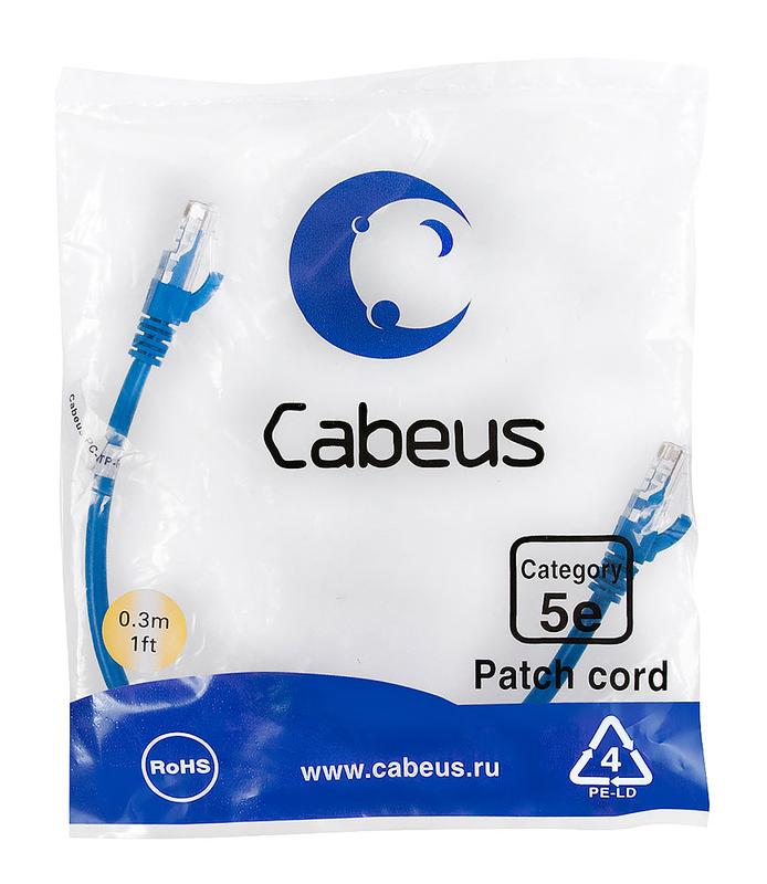Патч-корд U/UTP кат.5E PC-UTP-RJ45-Cat.5e-0.3m-BL-LSZH 2xRJ45/8p8c неэкранир. LSZH 0.3м син. Cabeus 9527c