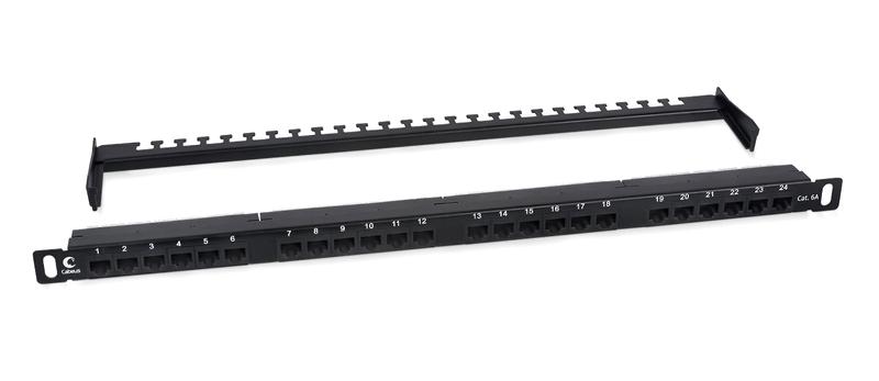 Патч-панель 19дюйм 0.5U 24 порта RJ45 кат.6A Dual IDC 180град. высокой плотности с задн. кабельн. организатором Cabeus 9665c