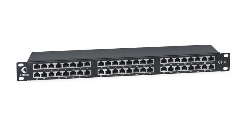 Патч-панель 19дюйм 1U 48 портов RJ45 кат.6 полностью экранир. Dual IDC высокой плотности Cabeus 8891c