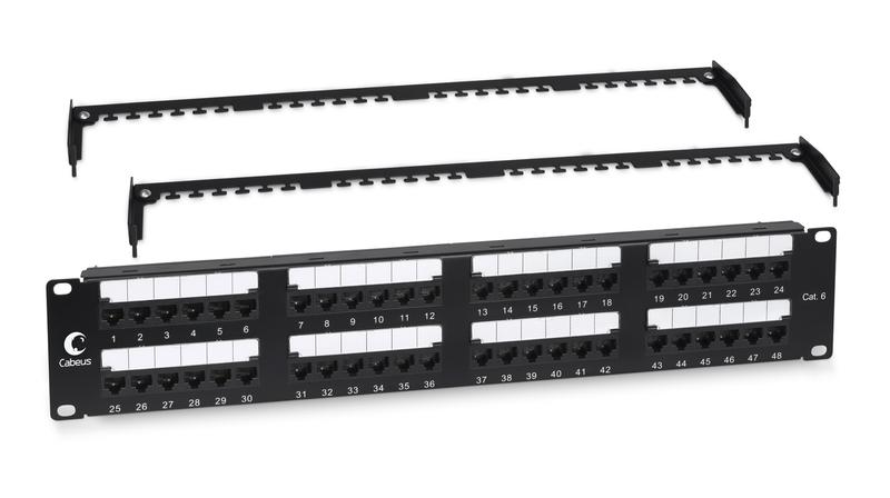 Патч-панель 19дюйм 2U 48 портов RJ45 кат.6 Dual IDC с задн. кабельн. организатором Cabeus 10657c