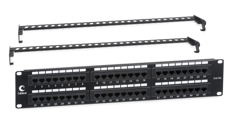 Патч-панель 19дюйм 2U 48 портов RJ45 кат.6A Dual IDC с задн. кабельн. организатором Cabeus 7652c