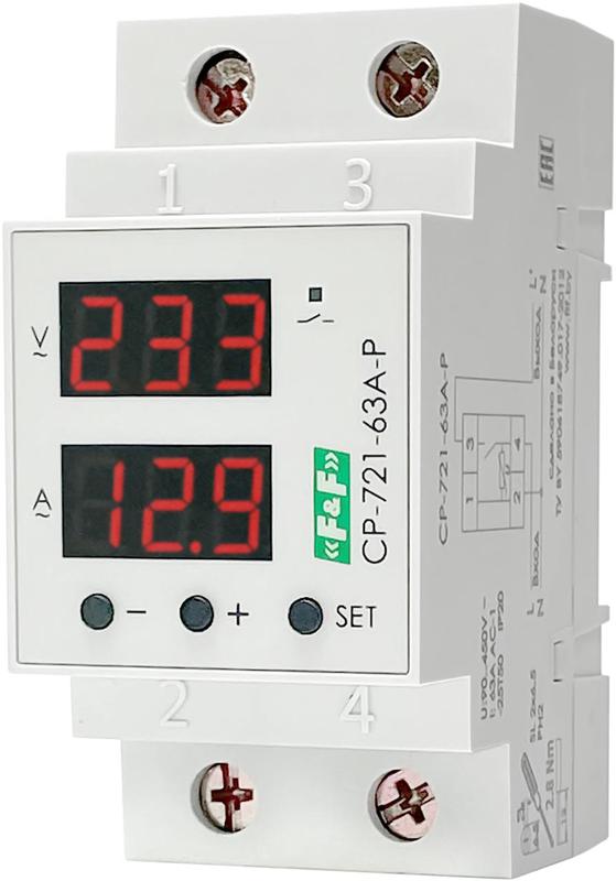 Реле напряжения с контролем тока и мощности CP-721-63A-P 1ф 1НО 63А 90..450В TrueRMS. F&F EA04.009.027