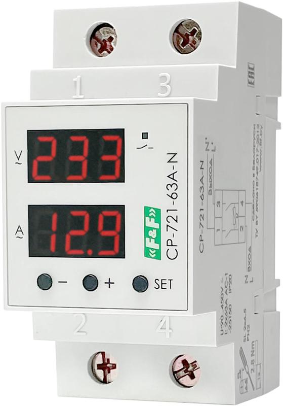 Реле напряжения с контролем тока и мощности CP-721-63A-N 1ф 2НО 2х63А с разрывом нейтрали в соответствии с ПУЭ 7.1.21 и предназнач. для защ. сети бытовой техники от повыш. или пониж. напржения в сети F&F EA04.009.028