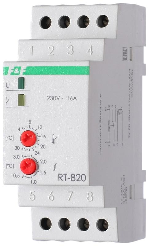 Регулятор температуры RT-820 (от +4 до +30 град.C; с выносным датчиком в комплекте; 2 модуля; монтаж на DIN-рейке; 50-264В AC 16А 1NO/NC IP20) F&F EA07.001.001