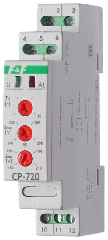 Реле напряжения CP-720 (однофазный; контроль верхнего и нижнего значений напряжения; 150-450В AC 16А 1NO/NC IP20) F&F EA04.009.002