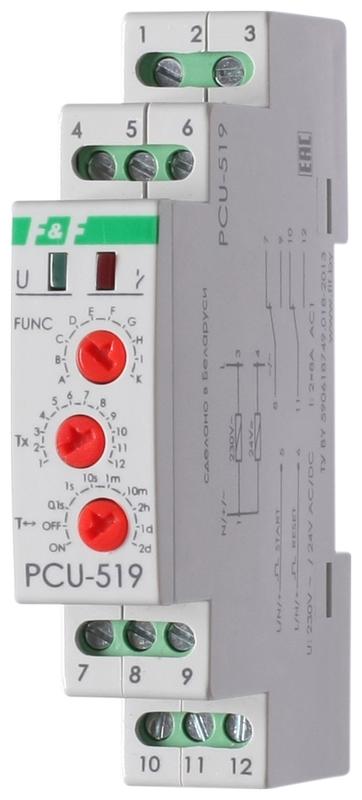 Реле времени PCS-519 2х8А 230В AC-24В AC/DC 2перекл. IP20 многофункц. с вход. START/RESET монтаж на DIN-рейке F&F EA02.001.023