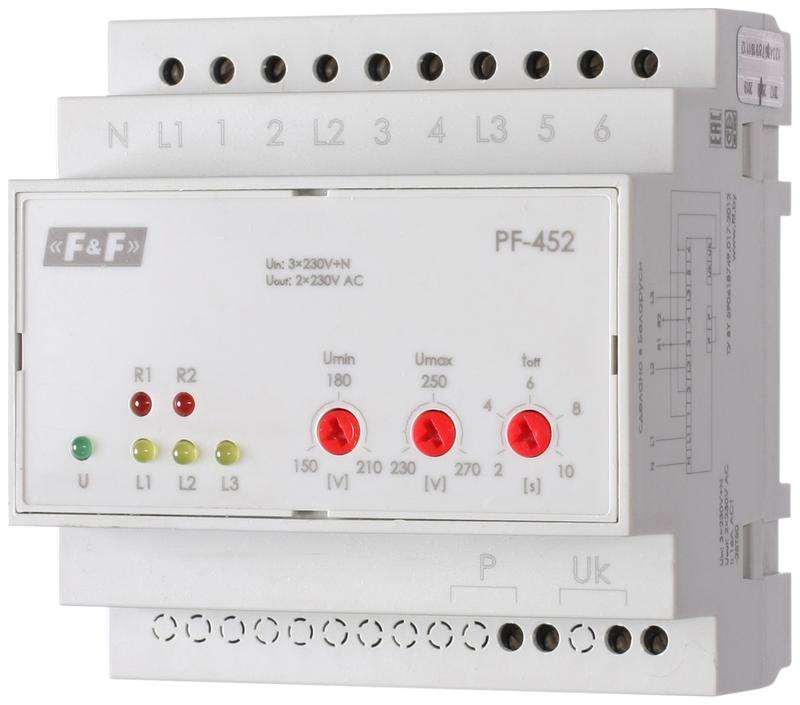 Переключатель фаз PF-452 (два выхода для питания нагрузки; с регулируемыми верхними (230-260) и нижними (150-210) значениями напряжения переключения; монтаж на DIN-рейке 35мм 3х400/230+N 6х16A IP20) F&F EA04.005.004