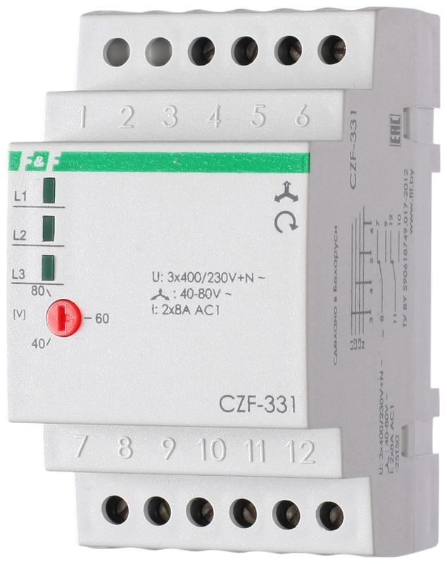 Реле контроля и наличия фаз CZF-331 (монтаж на DIN-рейке 35мм; регулировка порога отключения; 3х400/230+N 2х8А 2P IP20) F&F EA04.001.008