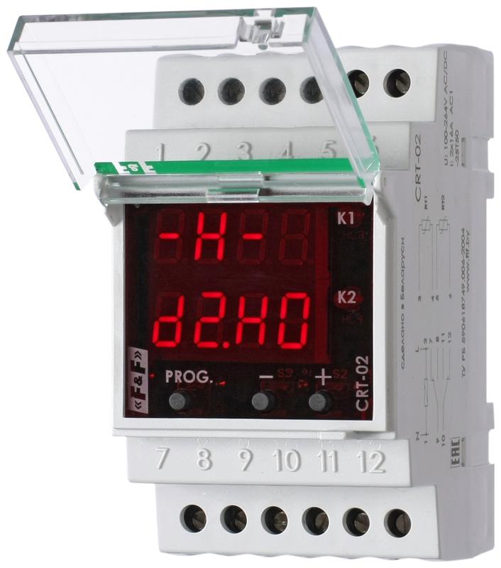 Регулятор температуры CRT-02 2-канал.; диапазон температур от -50 до +140град.C; многофункц.; цифровая индикация; выносн. датчики с термоустойч. проводом; 3 модуля; монтаж на DIN-рейке; 100-264В AC/DC 2х16А 2NO/NC IP20 F&F EA07.001.015