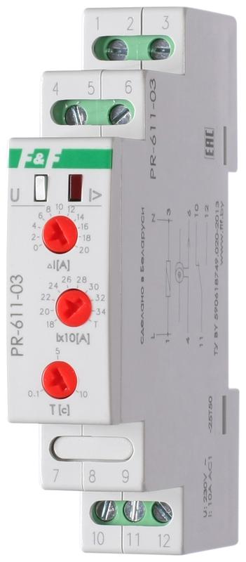 Реле тока PR-611-03 (180-360А ; регулир. задержка отключ.; с выносным ТТ в комплекте 1 модуль; монтаж на DIN-рейке) F&F EA03.004.015