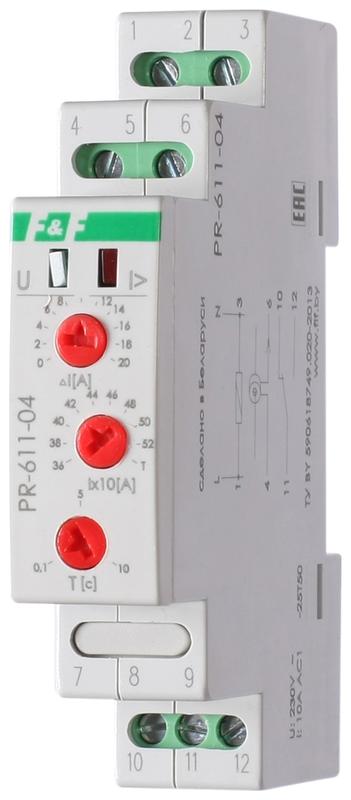 Реле тока PR-611-04 (360-540А ; регулир. задержка отключ.; с выносным ТТ в комплекте 1 модуль; монтаж на DIN-рейке) F&F EA03.004.009