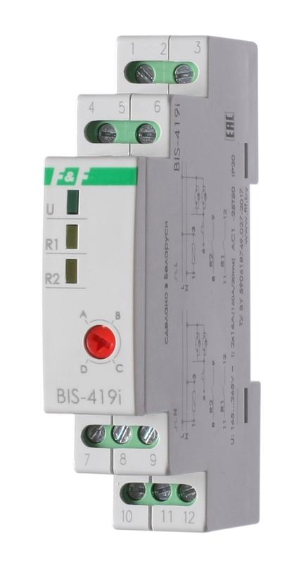 Реле импульсное BIS-419i (установка на DIN-рейку; 4 режима работы; управление двумя нагрузками; для нагрузки с больш. пусков. током (160А/20мс)) F&F EA01.005.021