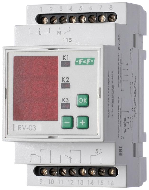 Реле времени RV-03 3х8А 100-264В AC/DC 3НО/НЗ IP20 многофункц. 3-х канал. 9 режимов работы с входами START диапазон выдержки времени 0с-99ч 59мин; 3мод. монтаж на DIN-рейке F&F EA02.001.026