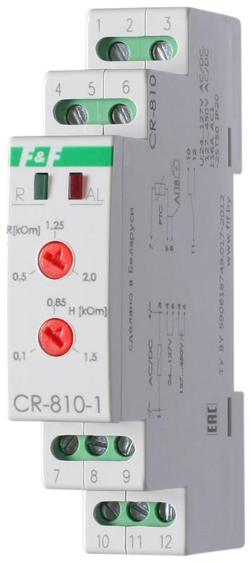 Реле температурное CR-810-1 (Для защ. электродвиг. от перегрева; монтаж на DIN-рейке; сопротив. петли датч. при превыш. темп. 600…3500Ом; регул. гистерезис; PTC (в компл. не поставляется) 24-127В/127-420В AC/DC 1NO/NC 16А) F&F EA05.002.002