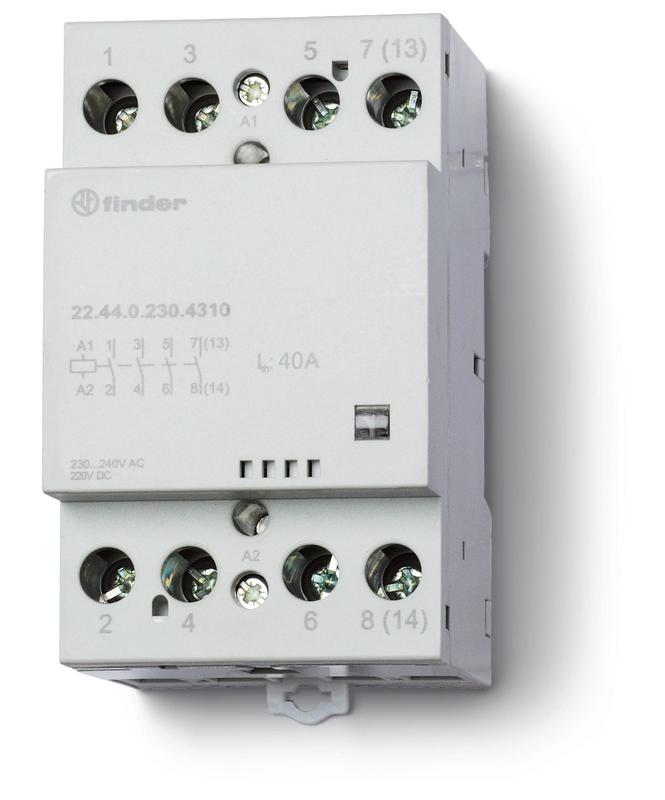 Контактор модульный 3NO+1NC 40А AgSnO2 12В AC/DC 53.5мм IP20 опции: мех.индикатор FINDER 224400124710