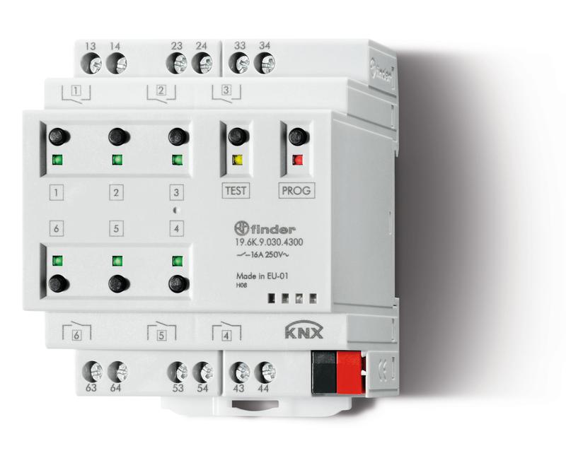 Актуатор KNX выход 6х16А контакты AgSnO2 монтаж на рейку 35мм; питание KNX 30B DC Ш=70мм IP20 (уп.1шт) FINDER 196K90304300PAS
