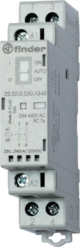 Контактор модульный 2NO 25А AgNi 120В AC/DC 17.5мм IP20 опции: мех. индикатор + LED FINDER 223201201320