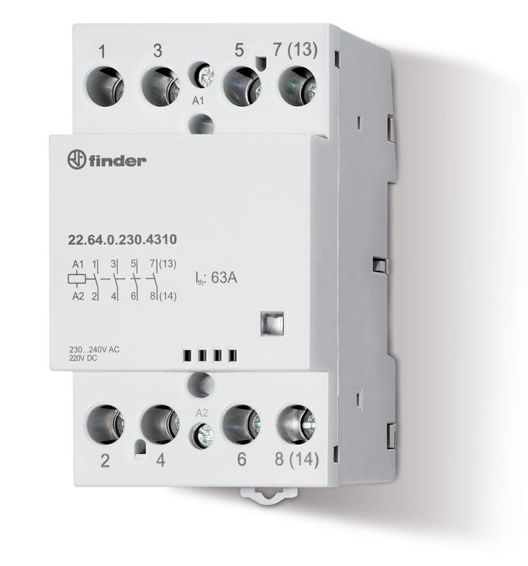 Контактор модульный 2NO + 2NC 63А AgSnO2 24В AC/DC 53.5мм IP20 опции: мех. индикатор FINDER 226400244610