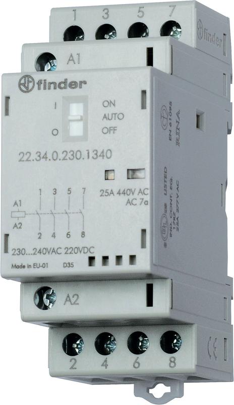 Контактор модульный 3НО+1НЗ 25А контакты AgSnO2 кат. 12В AC/DC Ш=35мм IP20 опции: механич. индикатор + LED FINDER 223400124720