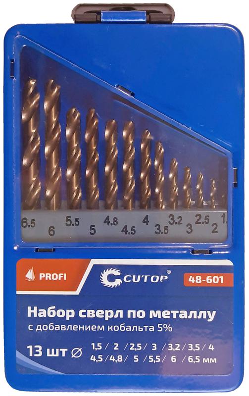Набор сверл по металлу ПРОФИ/Profi 1.5-6.5мм (через 0.5мм + 32мм; 48мм) с кобальтом 5% в метал. коробке (13 предметов) Cutop 48-601