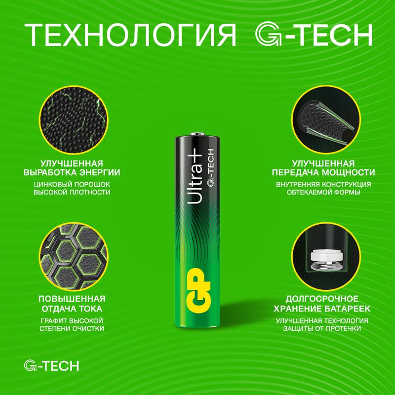 Элемент питания алкалиновый AAA/LR03 1.5В Ultra Plus Alkaline G-Tech 24AUPA21-2CRB8 96/768 (блист.8шт) GP 620