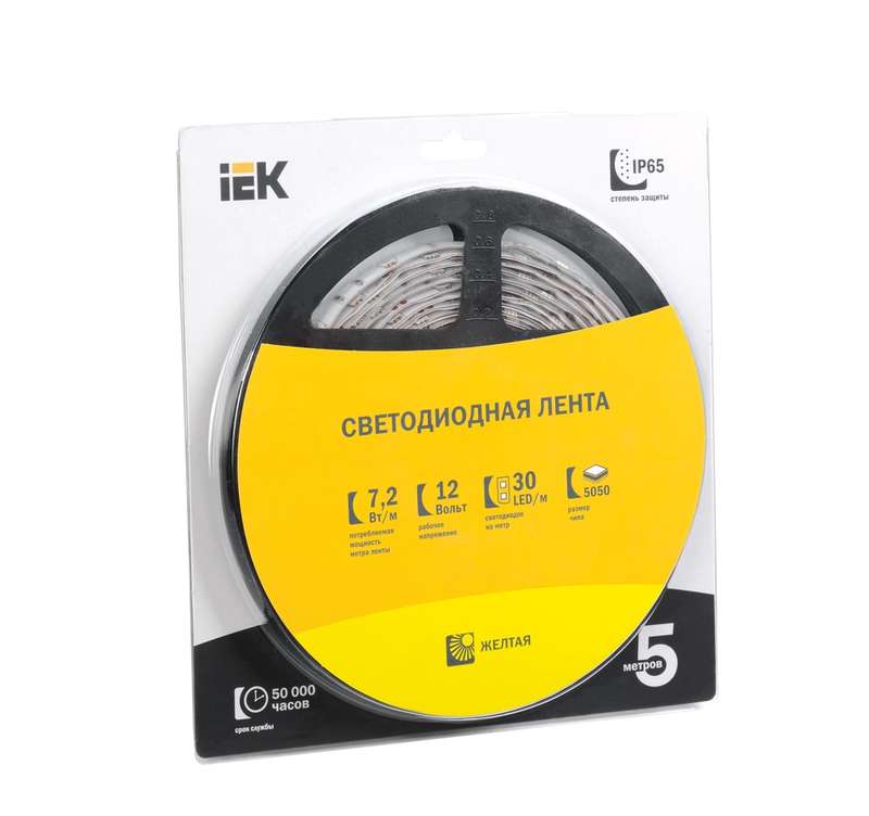 Лента светодиодная LED LSR-5050Y30-7.2-IP65-12V 7Вт/м желт. (уп.5м) IEK LSR2-4-030-65-1-05