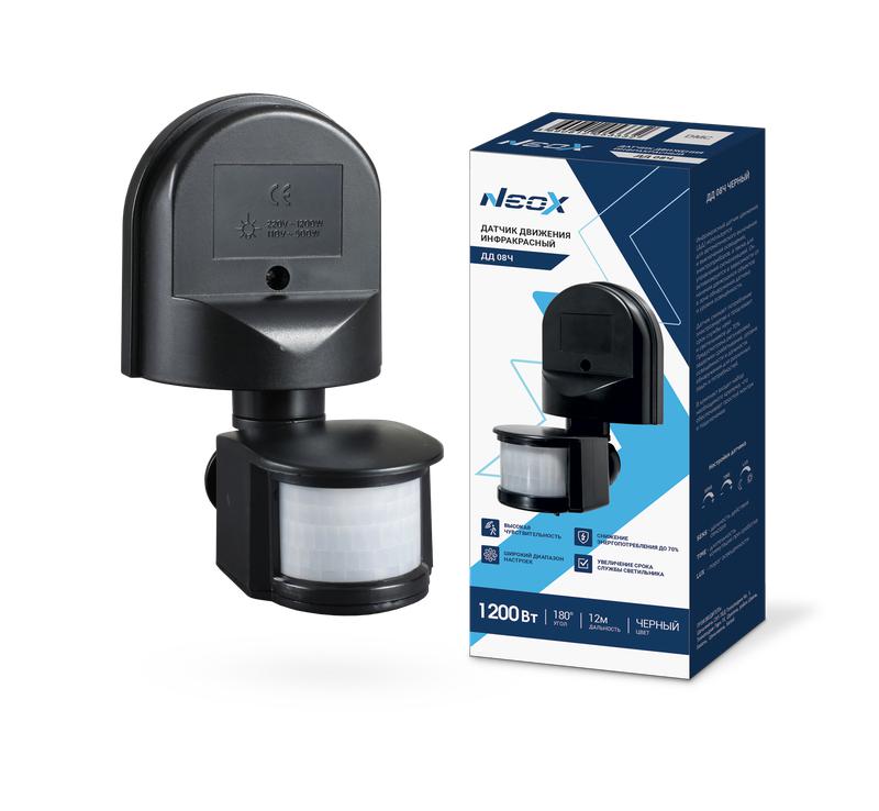 Датчик движения инфракрасный ДД 08Ч 1200Вт 180град. 12м IP44 черн. NEOX 4690612053332