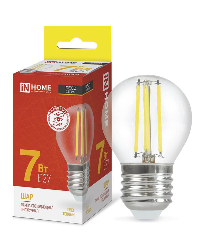 Лампа светодиодная LED-ШАР-deco 7Вт шар прозрачная 3000К тепл. бел. E27 810лм 230В IN HOME 4690612016320
