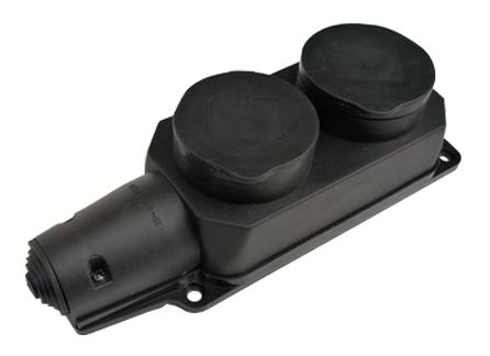 Колодка 2-м 16А IP44 с заземл. с защ. крышками каучук черн. IN HOME 4690612010274